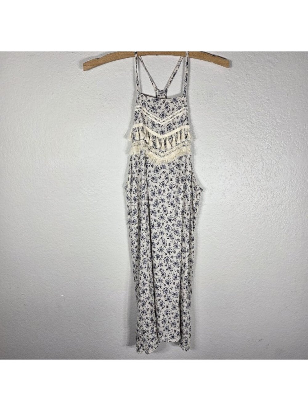 Millibon Floral Cream Mini Dress Tassels  Floral Size L Racerback Square Neck